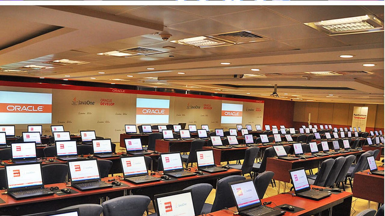Conference room set up for a technology training event