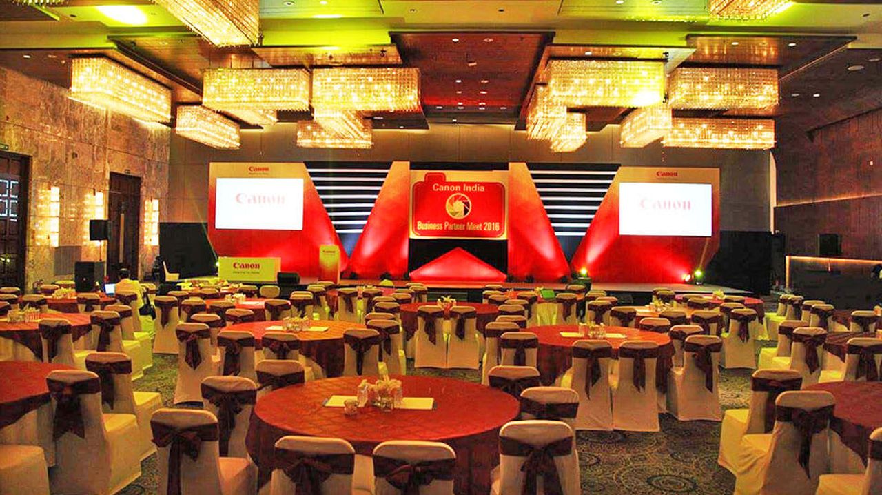 Banquet hall prepared for a corporate gala dinner